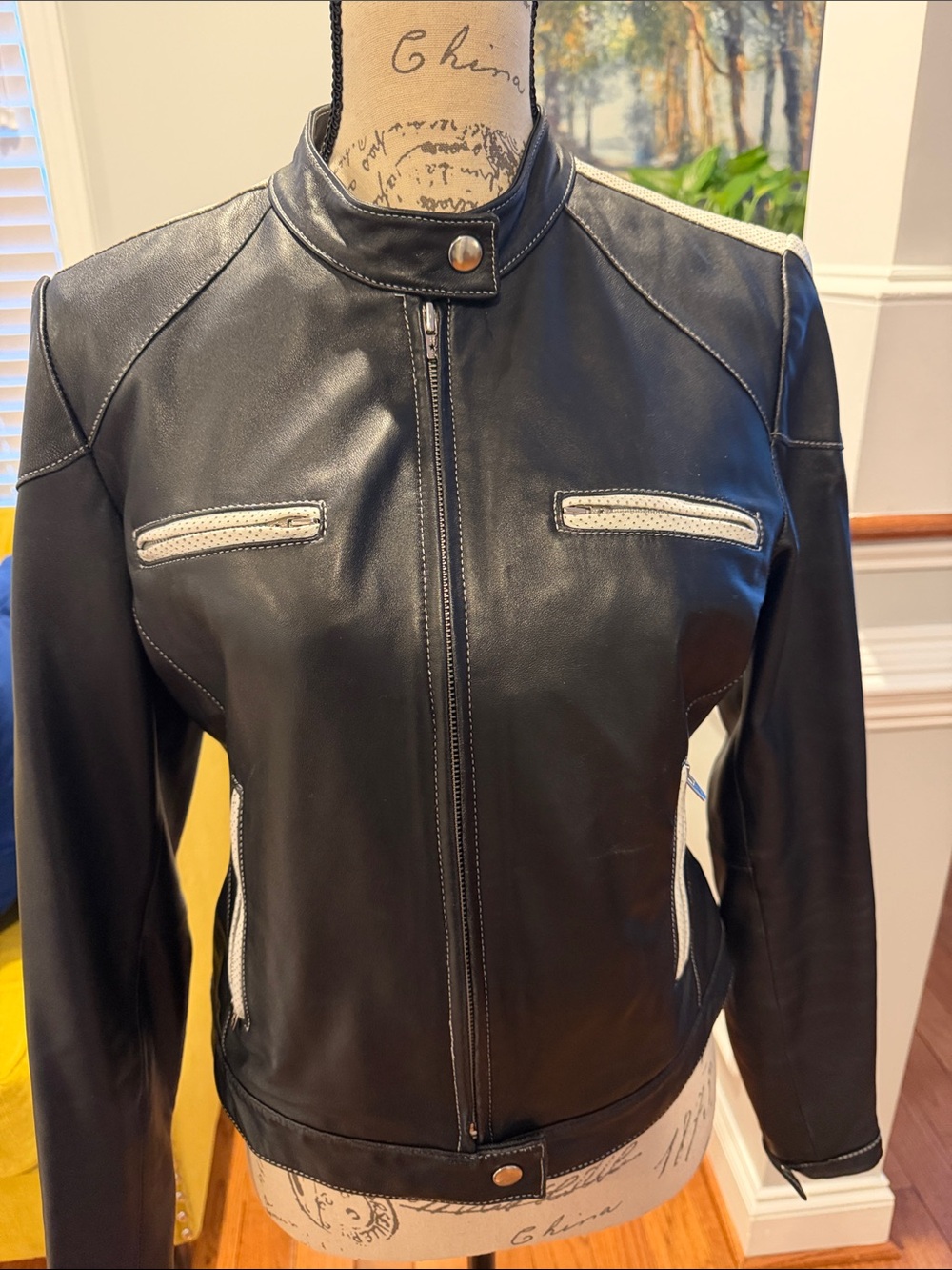 bebe Black Leather Jacket with White Trim